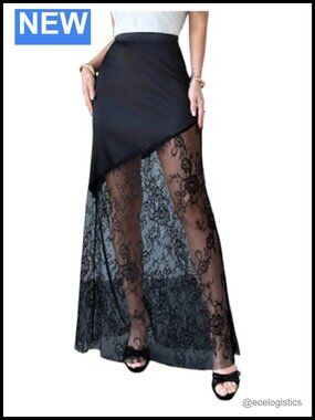 Women's Satin Lace Maxi Skirt Sheer High Waist Y2K Party Long Skirt